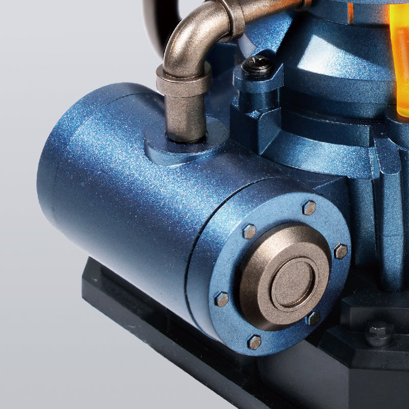 ROKR Air Radar miniature mechanical model close-up showing the blue cylindrical energy supply component, metallic pipe and detailed housing