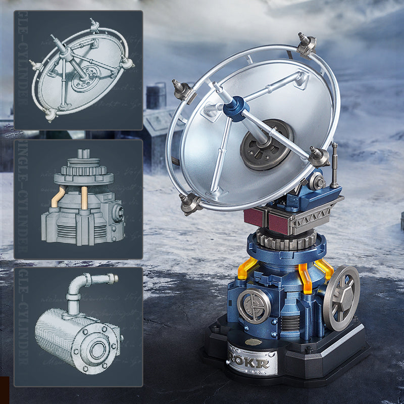 ROKR Air Radar mechanical model overview highlighting the radar dish assembly, rotating gear mechanism and cylindrical energy supply component