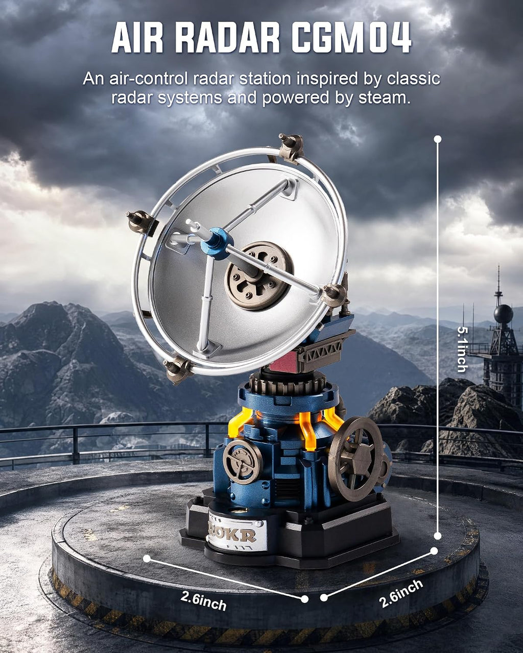 ROKR Air Radar CGM04 mechanical model showing its 13 cm height and 6.8 x 6.8 cm base dimensions against a futuristic industrial background