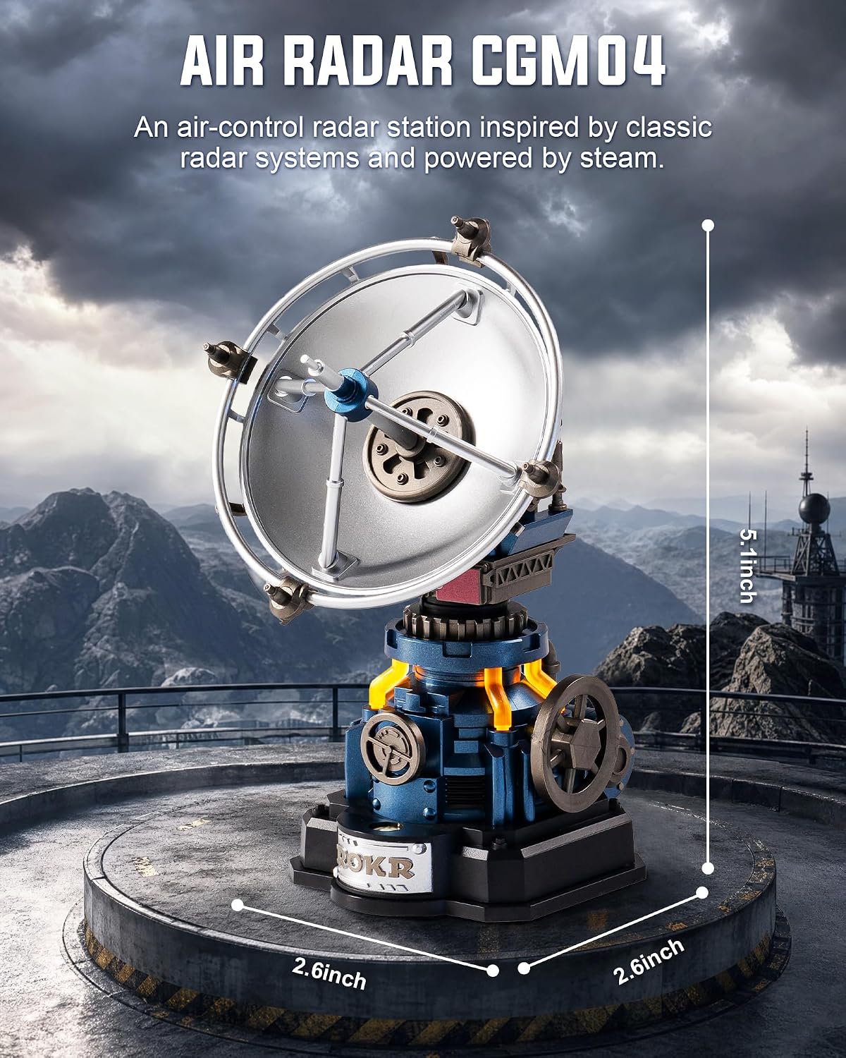 ROKR Air Radar CGM04 mechanical model showing its 13 cm height and 6.8 x 6.8 cm base dimensions against a futuristic industrial background
