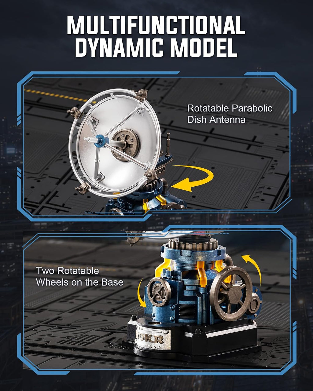 ROKR Air Radar dynamic mechanical model featuring a rotatable parabolic dish antenna and two movable wheels on the blue base