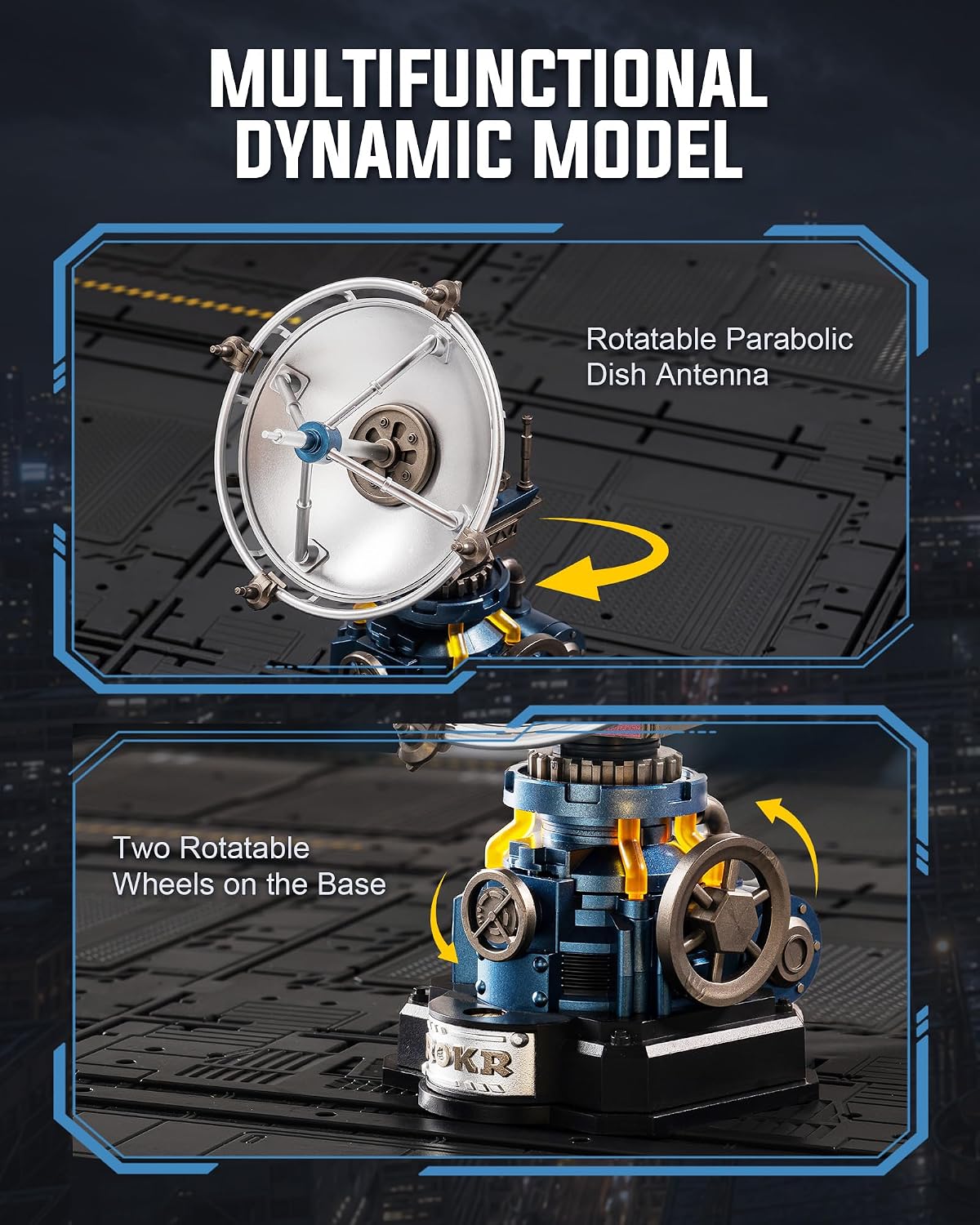 ROKR Air Radar dynamic mechanical model featuring a rotatable parabolic dish antenna and two movable wheels on the blue base