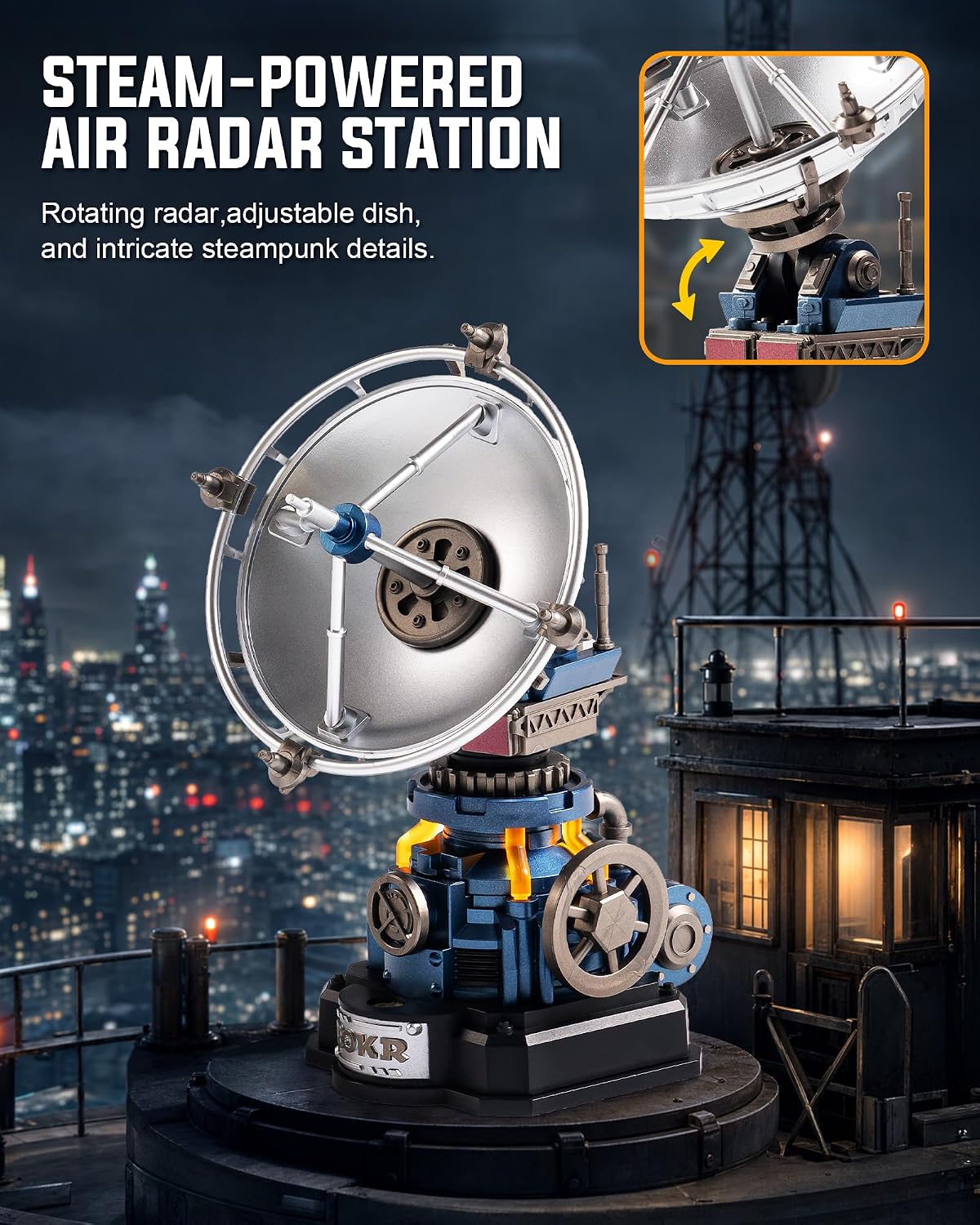 ROKR Air Radar DIY mechanical model showing the adjustable rotating parabolic dish antenna and detailed gear mechanism