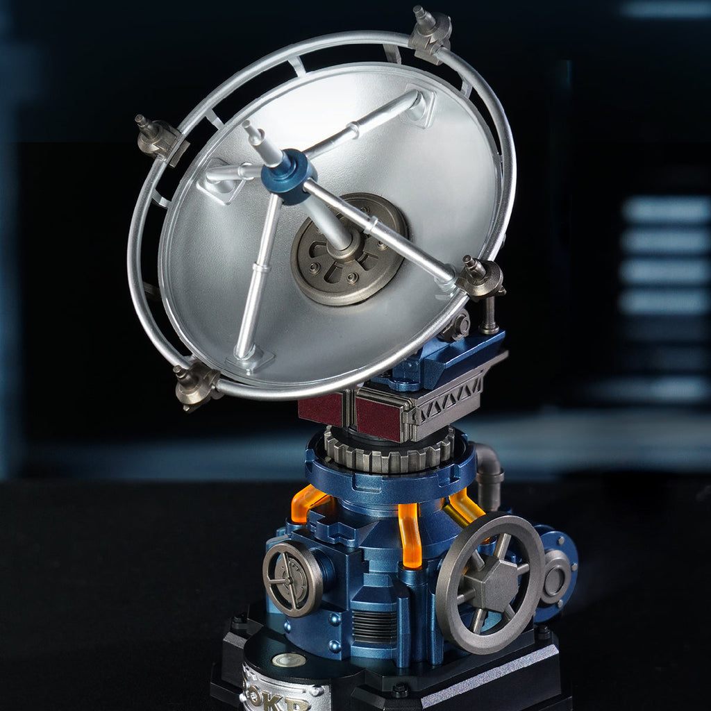 ROKR Air Radar steampunk mechanical model displayed against a dark industrial background with a silver radar antenna and orange illuminated pipes