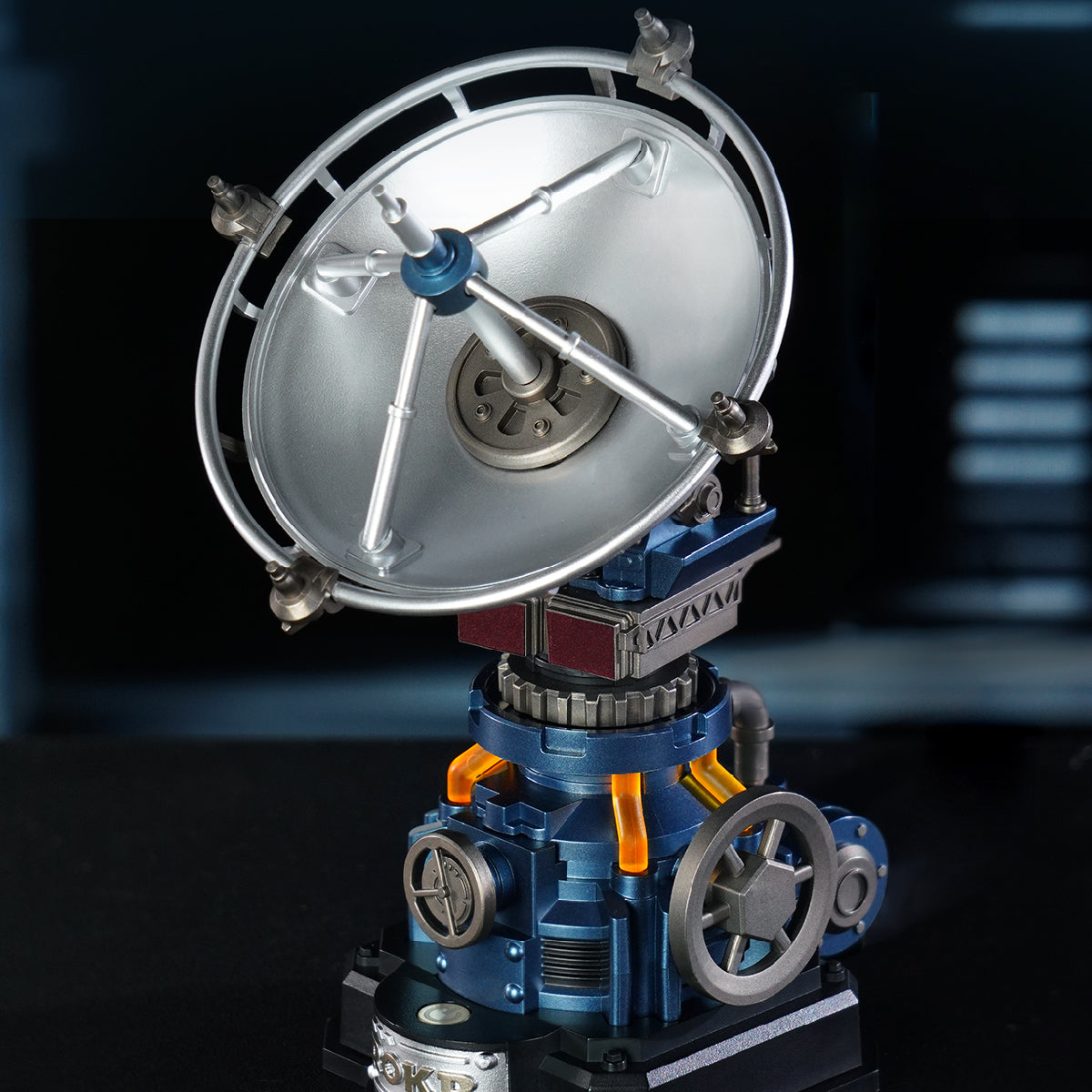 ROKR Air Radar steampunk mechanical model displayed against a dark industrial background with a silver radar antenna and orange illuminated pipes