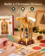 ROKR Angel's Christmas Pyramid DIY model showing its 20.7 x 20.7 x 32.4 cm assembled dimensions, festive design and wooden assembly components