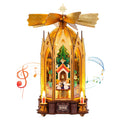ROKR Angel's Christmas Pyramid DIY mechanical model kit featuring a rotating Christmas tree scene, wooden Gothic arches, golden fan blades and electronic candle lights