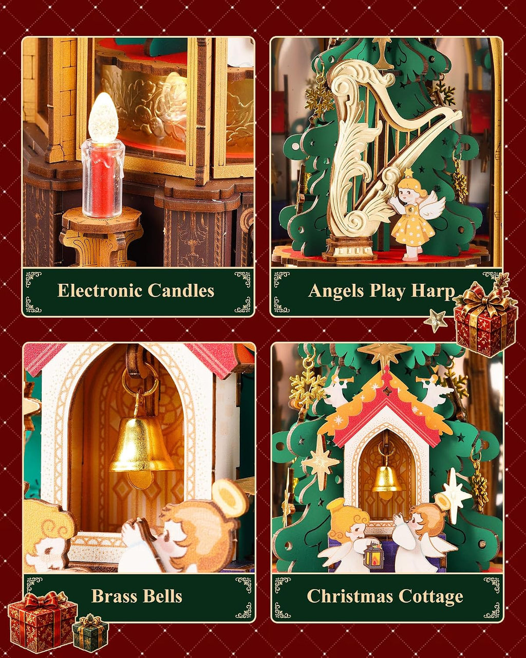 ROKR Angel's Christmas Pyramid detail collage showing electronic candle lights, an angel playing a harp, a brass bell and the miniature Christmas chapel