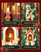 ROKR Angel's Christmas Pyramid detail collage showing electronic candle lights, an angel playing a harp, a brass bell and the miniature Christmas chapel