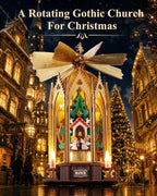 ROKR Angel's Christmas Pyramid illuminated against a festive winter village backdrop, showcasing Gothic cathedral arches, golden rotating blades and a miniature Christmas tree