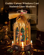 ROKR Angel's Christmas Pyramid demonstrating its rotating inner Christmas scene and spinning upper fan mechanism beneath the Gothic arches