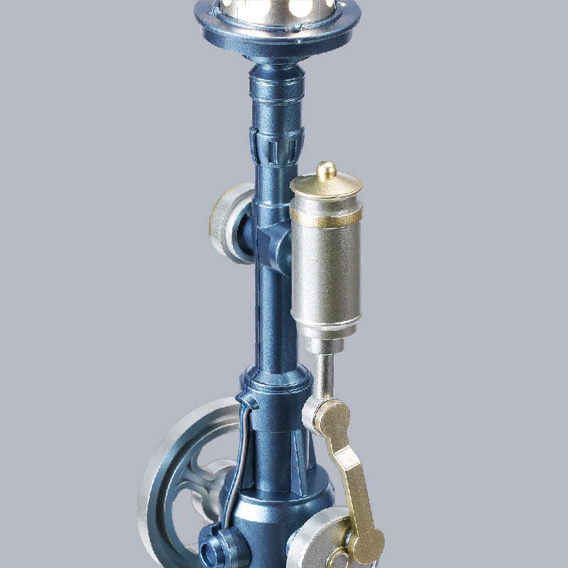 ROKR Beacon Tower close-up highlighting the blue tower column, brass-coloured fittings, silver flywheel and precision mechanical details
