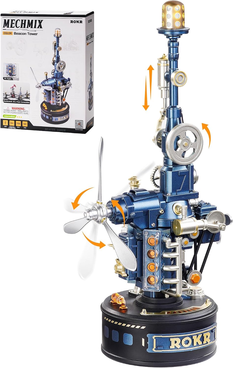 ROKR MECHMIX Beacon Tower CGL04 DIY mechanical model kit box with the completed communication tower, 139-piece set and model components