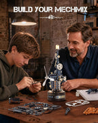 ROKR Beacon Tower DIY mechanical model being assembled at a table with component frames, small parts and illustrated instructions
