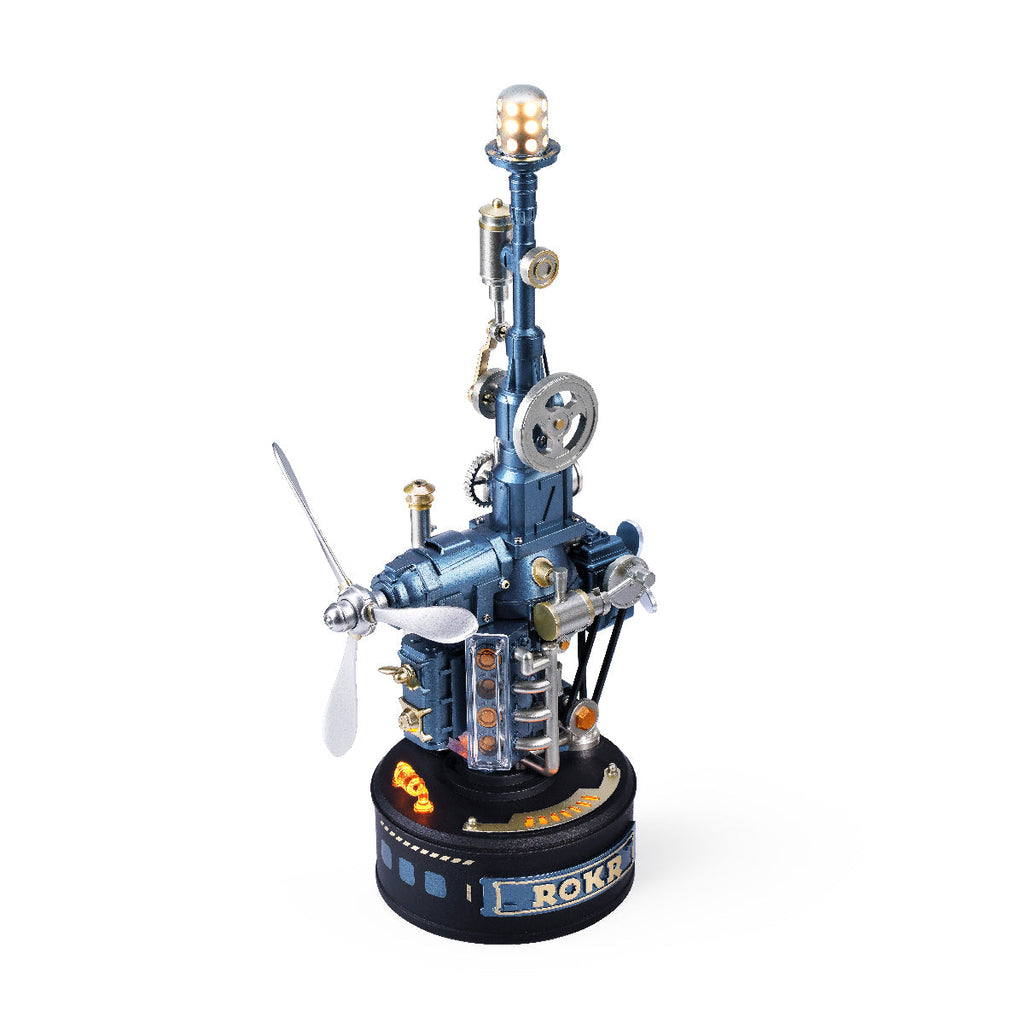 ROKR Beacon Tower CGL04 DIY mechanical model kit featuring a blue industrial communication tower, rotating propellers, silver gears and illuminated signal lights