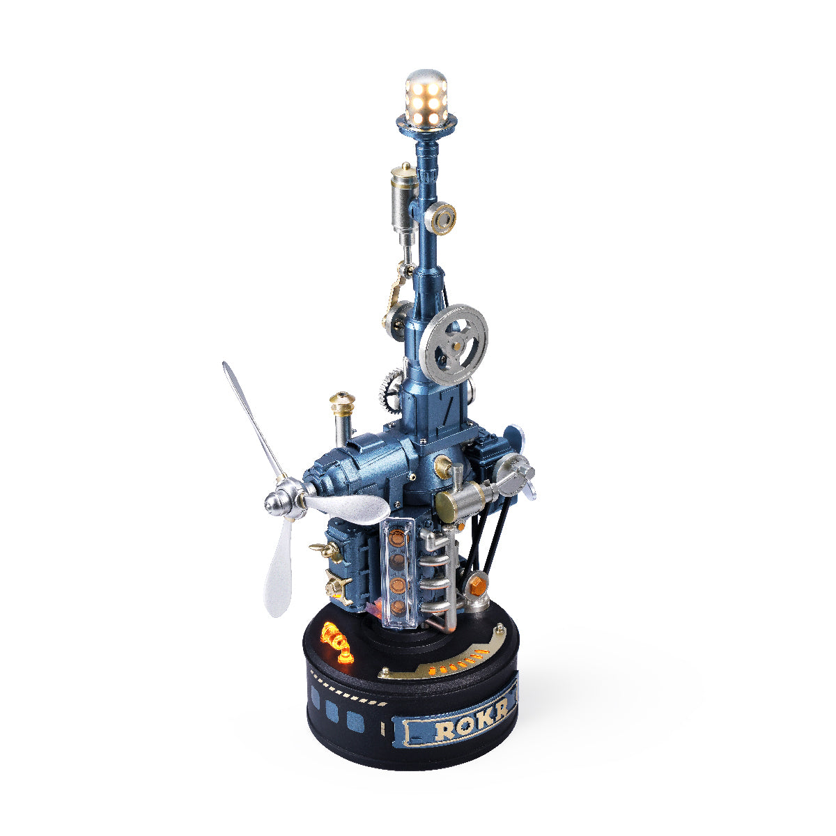 ROKR Beacon Tower CGL04 DIY mechanical model kit featuring a blue industrial communication tower, rotating propellers, silver gears and illuminated signal lights