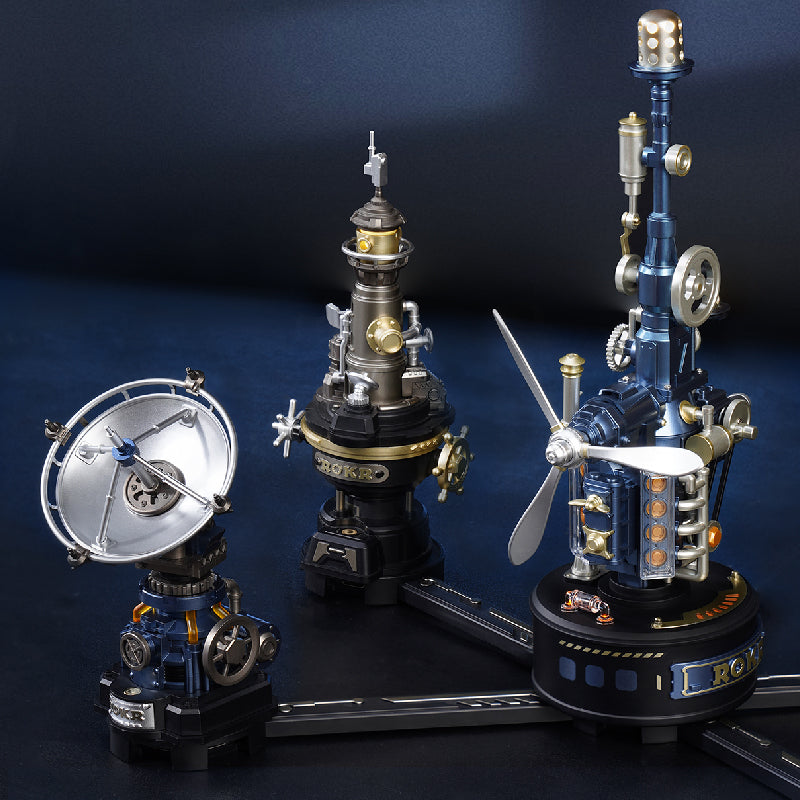 ROKR Beacon Tower displayed alongside other Industrial City mechanical models connected by track sections to create a coordinated industrial collection