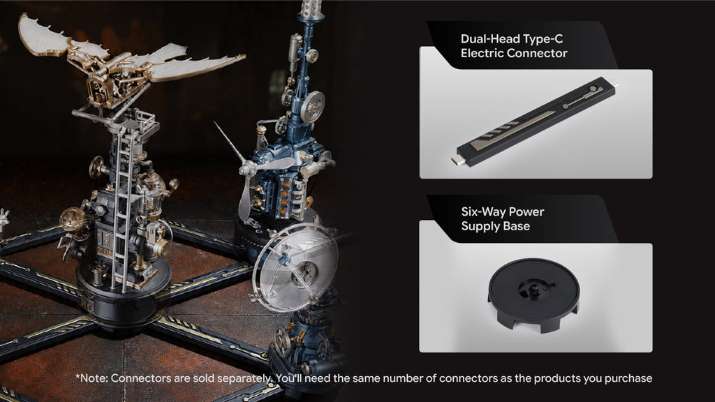 ROKR Beacon Tower displayed with compatible Industrial City mechanical models, dual-head Type-C electric connector and six-way power supply base sold separately