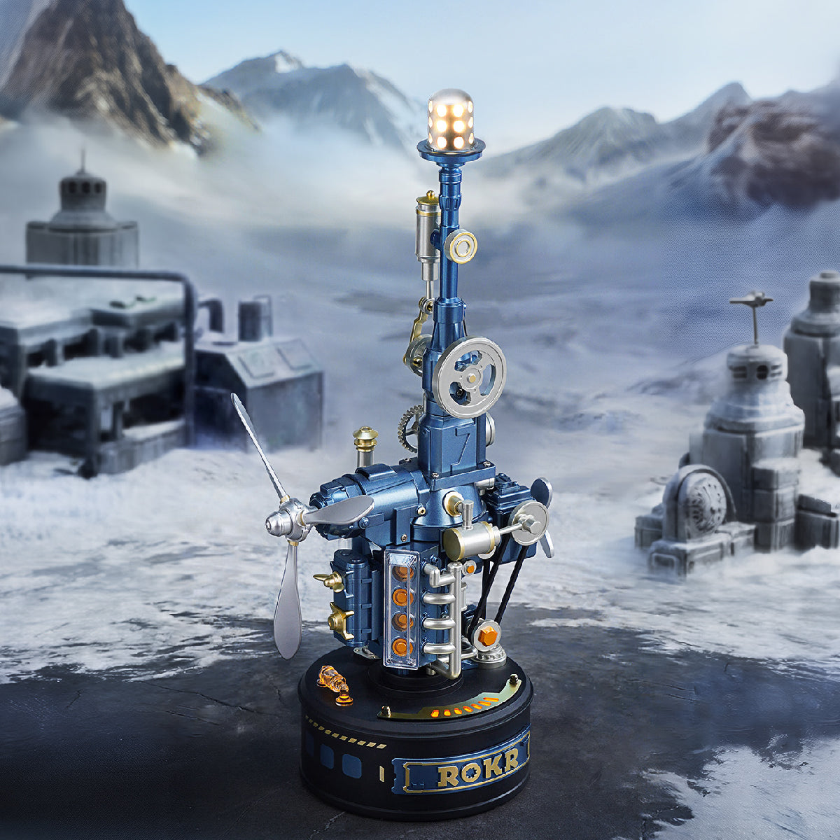 ROKR Beacon Tower miniature mechanical model displayed against a futuristic industrial landscape with a glowing signal lamp and rotating propeller