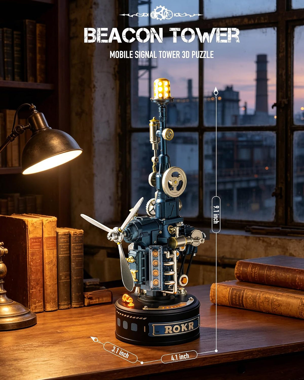 ROKR Beacon Tower mechanical model showing its 23.2 cm height, 10.5 cm length and 8.1 cm width with an illuminated industrial design