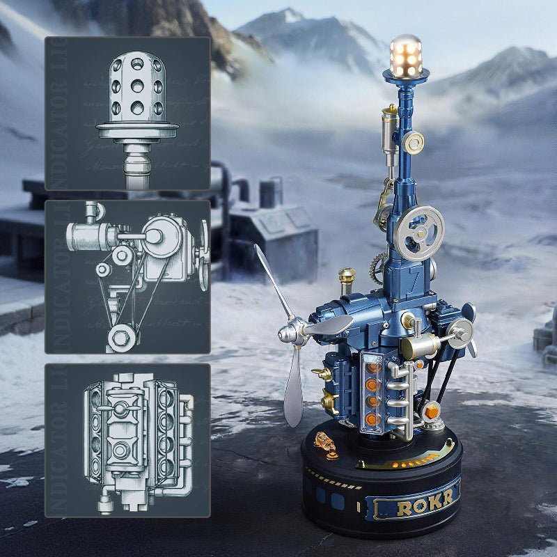 ROKR Beacon Tower DIY mechanical model highlighting three lighting modules, including the top signal lamp, illuminated base grille and transparent light column