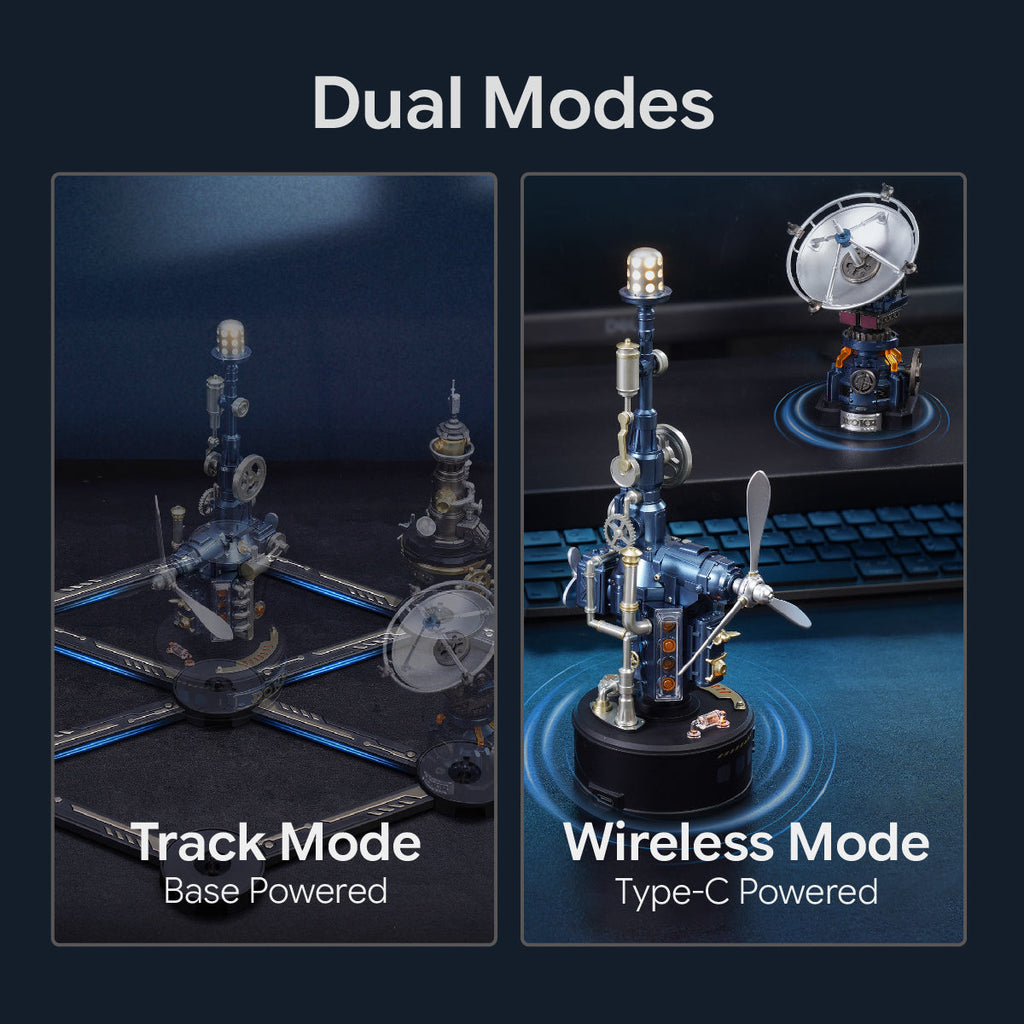 ROKR Beacon Tower showing track mode with a powered base and wireless mode with Type-C power for flexible Industrial City model displays