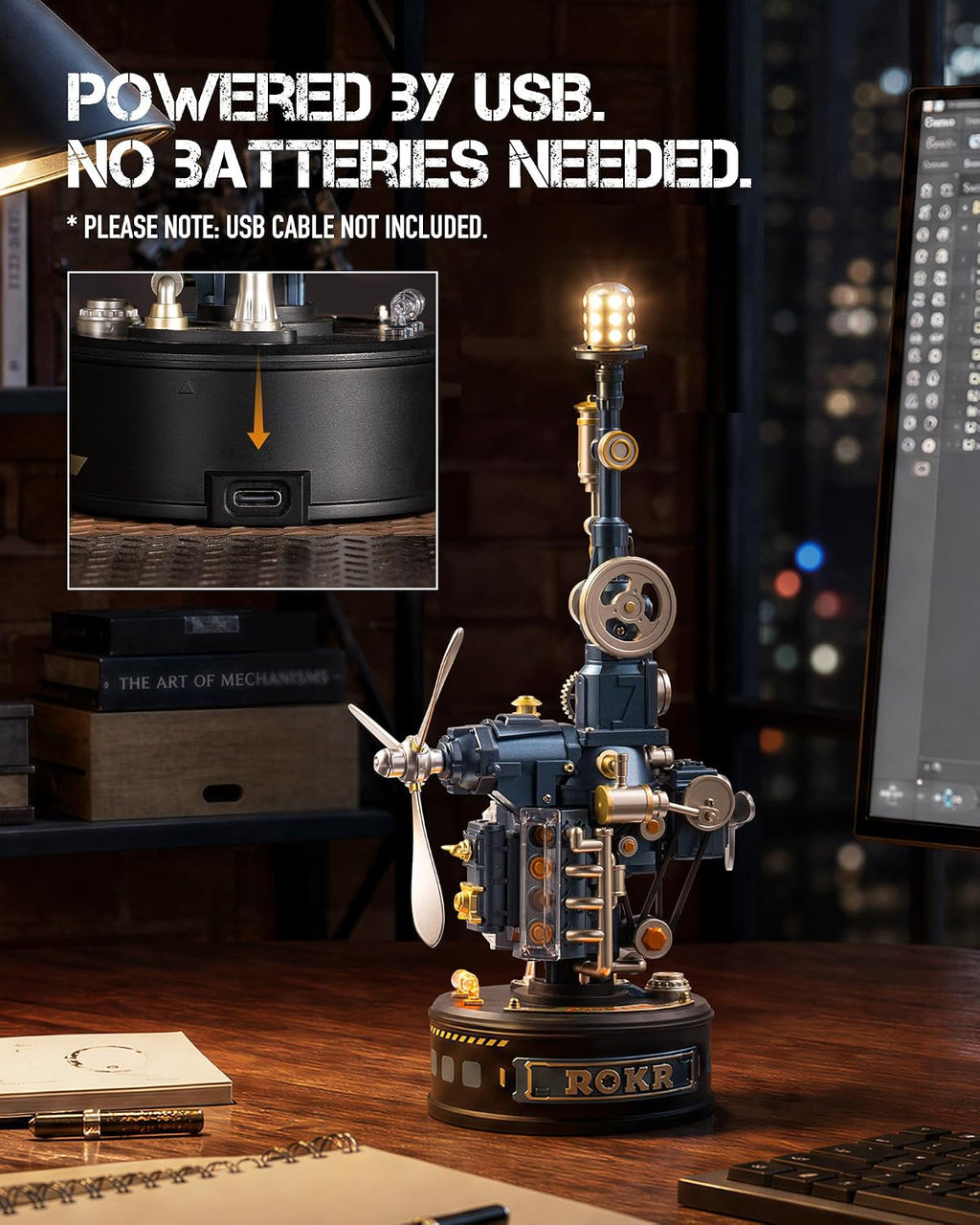 ROKR Beacon Tower USB-powered mechanical model with Type-C charging port, illuminated signal lights and rotating propellers; USB cable not included
