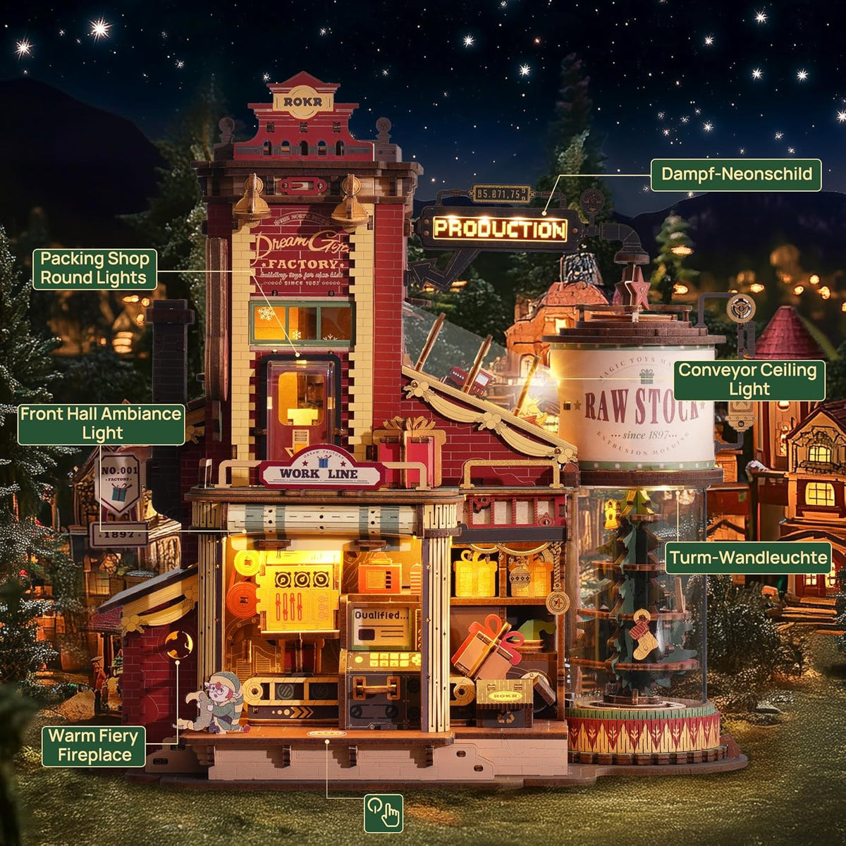ROKR Dream Gift Factory DIY mechanical model illuminated at night with warm LED lights, production sign and detailed factory interior
