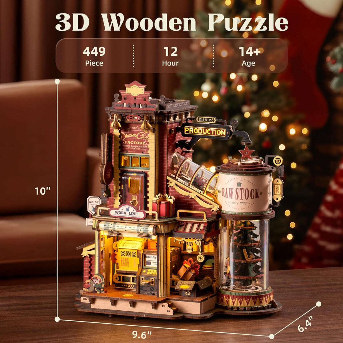 ROKR Dream Gift Factory DIY mechanical model with 449 pieces, 14+ age recommendation and detailed wooden factory design
