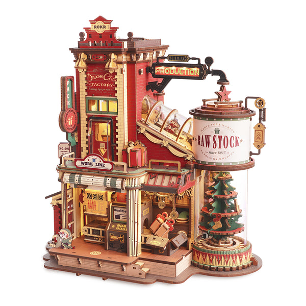 ROKR Dream Gift Factory Music Box DIY mechanical model kit with moving gift production line, conveyor belt and wooden factory details