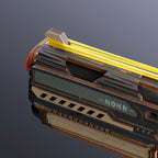 ROKR Legato C18 wooden model close-up highlighting the front section, yellow rubber bands and dark layered exterior panels
