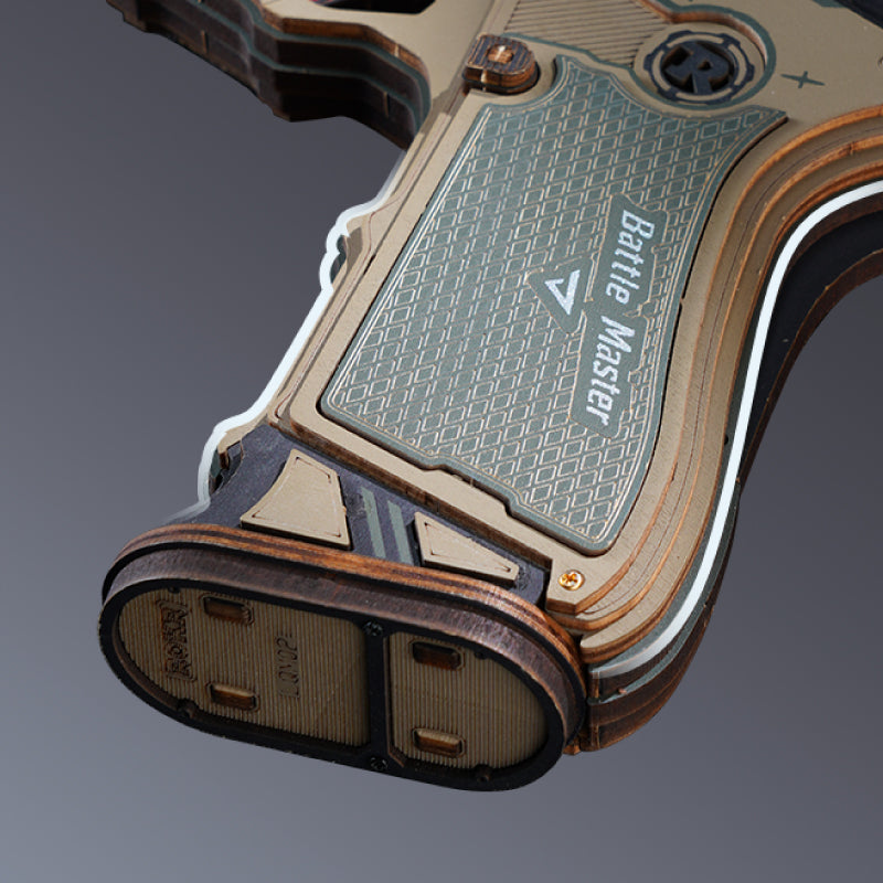 ROKR Legato C18 wooden mechanical model close-up showing its textured Battle Master grip, layered wood edges and decorative detailing