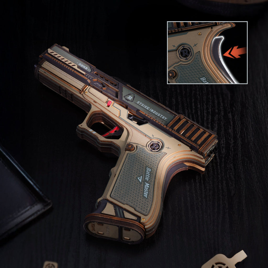 ROKR Legato C18 wooden model close-up highlighting the red trigger detail, textured grip and layered wooden construction