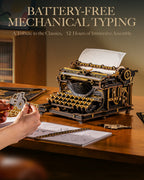 ROKR Mechanical Typewriter DIY model with battery-free mechanical typing system and detailed vintage wooden construction