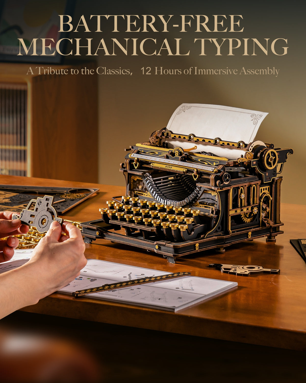 ROKR Mechanical Typewriter DIY model with battery-free mechanical typing system and detailed vintage wooden construction