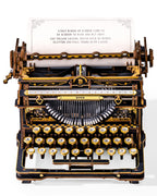 ROKR Mechanical Typewriter DIY model with 29.1 x 28.5 x 17.5 cm finished dimensions and detailed wooden construction