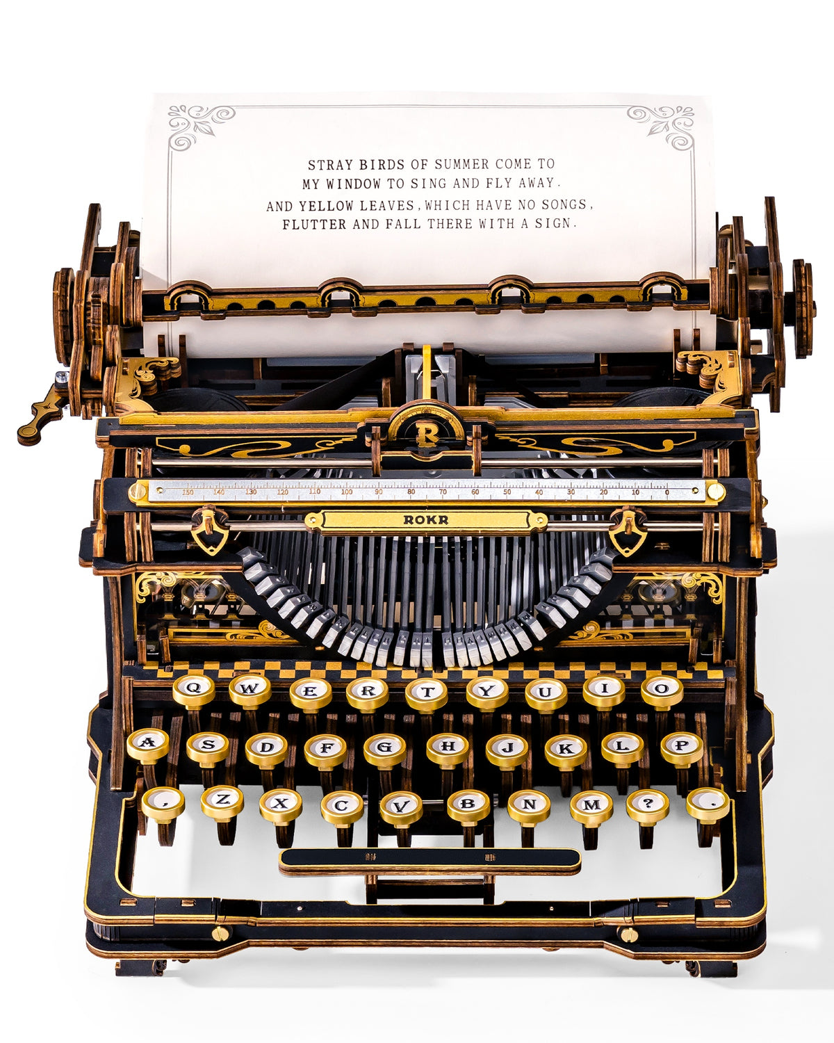 ROKR Mechanical Typewriter DIY model with 29.1 x 28.5 x 17.5 cm finished dimensions and detailed wooden construction