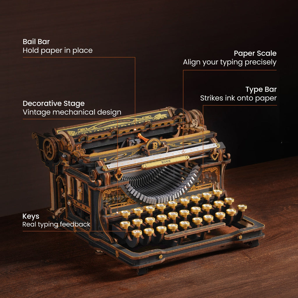 ROKR Mechanical Typewriter with paper holder, paper scale, type bars, decorative stage and real typing feedback
