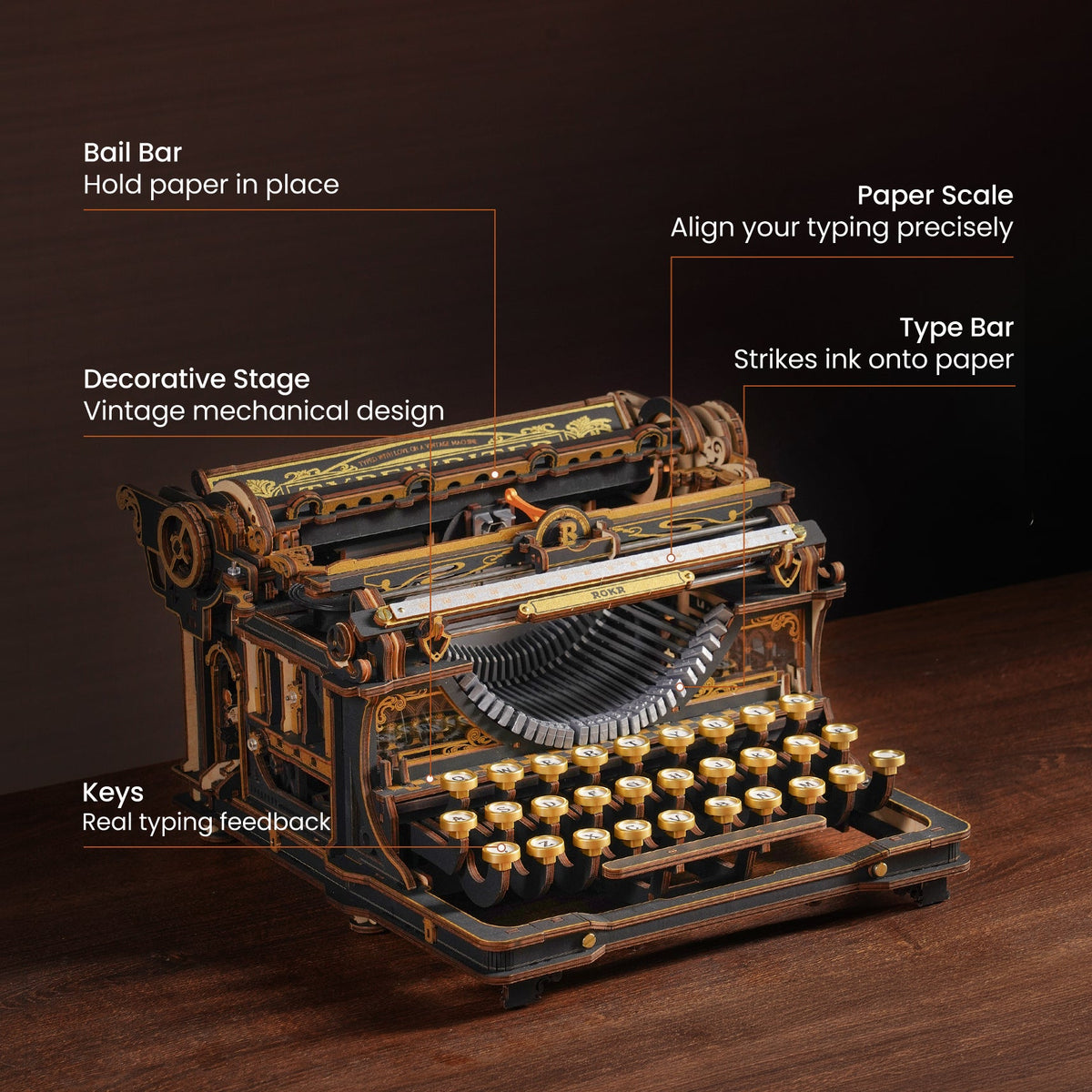 ROKR Mechanical Typewriter with paper holder, paper scale, type bars, decorative stage and real typing feedback