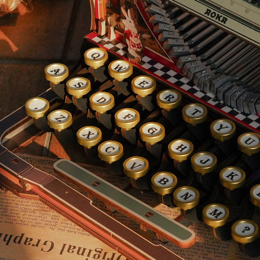 ROKR Mechanical Typewriter close-up showing detailed round keys, mechanical typebars and vintage wooden keyboard design