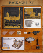 ROKR Mechanical Typewriter DIY kit contents with laser-cut wooden boards, metal type bars, instruction manual, tools and mechanical parts