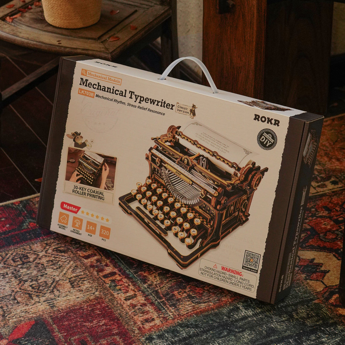 ROKR Mechanical Typewriter LK703B DIY model kit packaging showing the 320-piece vintage typewriter model