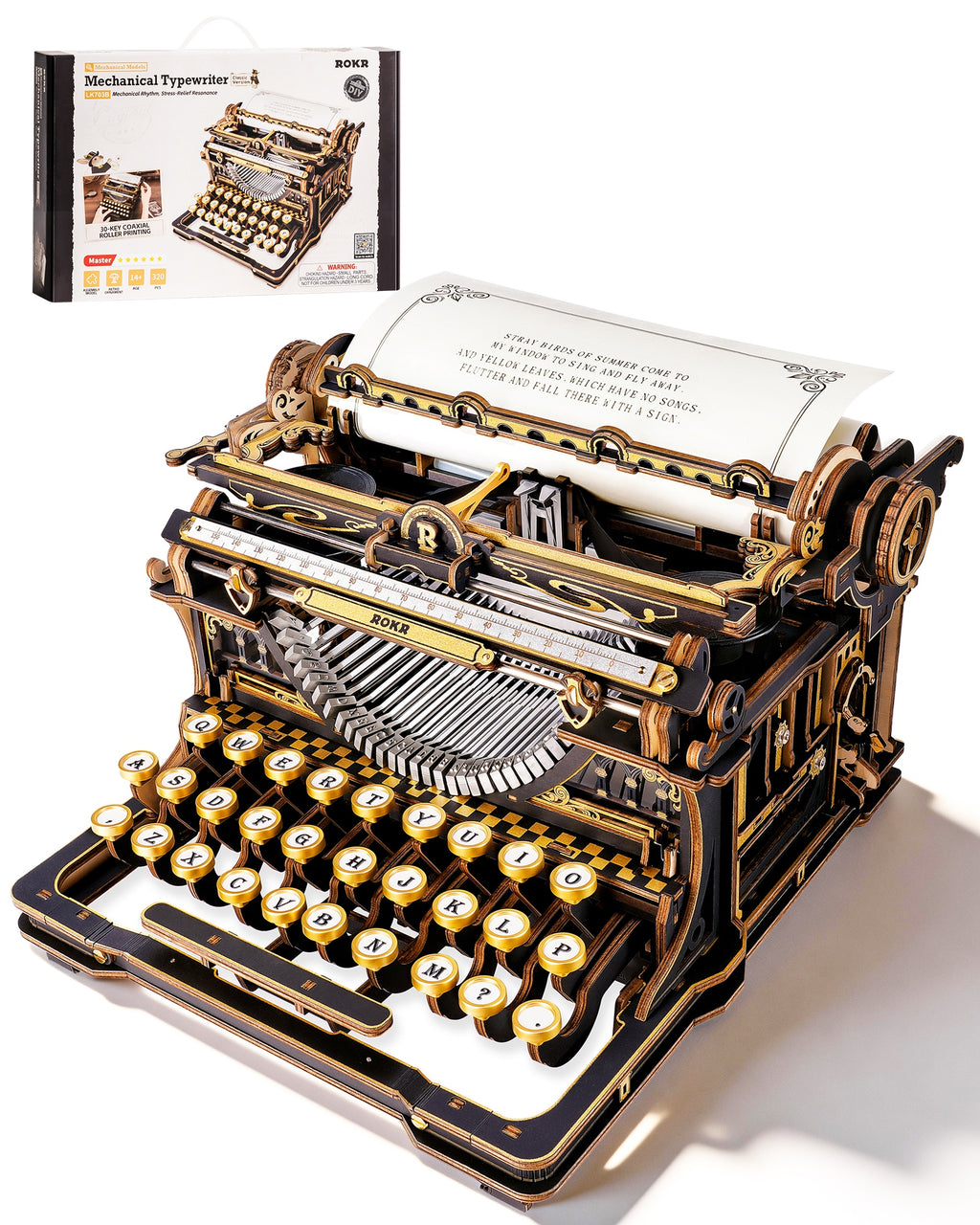 ROKR Mechanical Typewriter LK703B DIY mechanical model kit box with finished wooden typewriter and vintage design