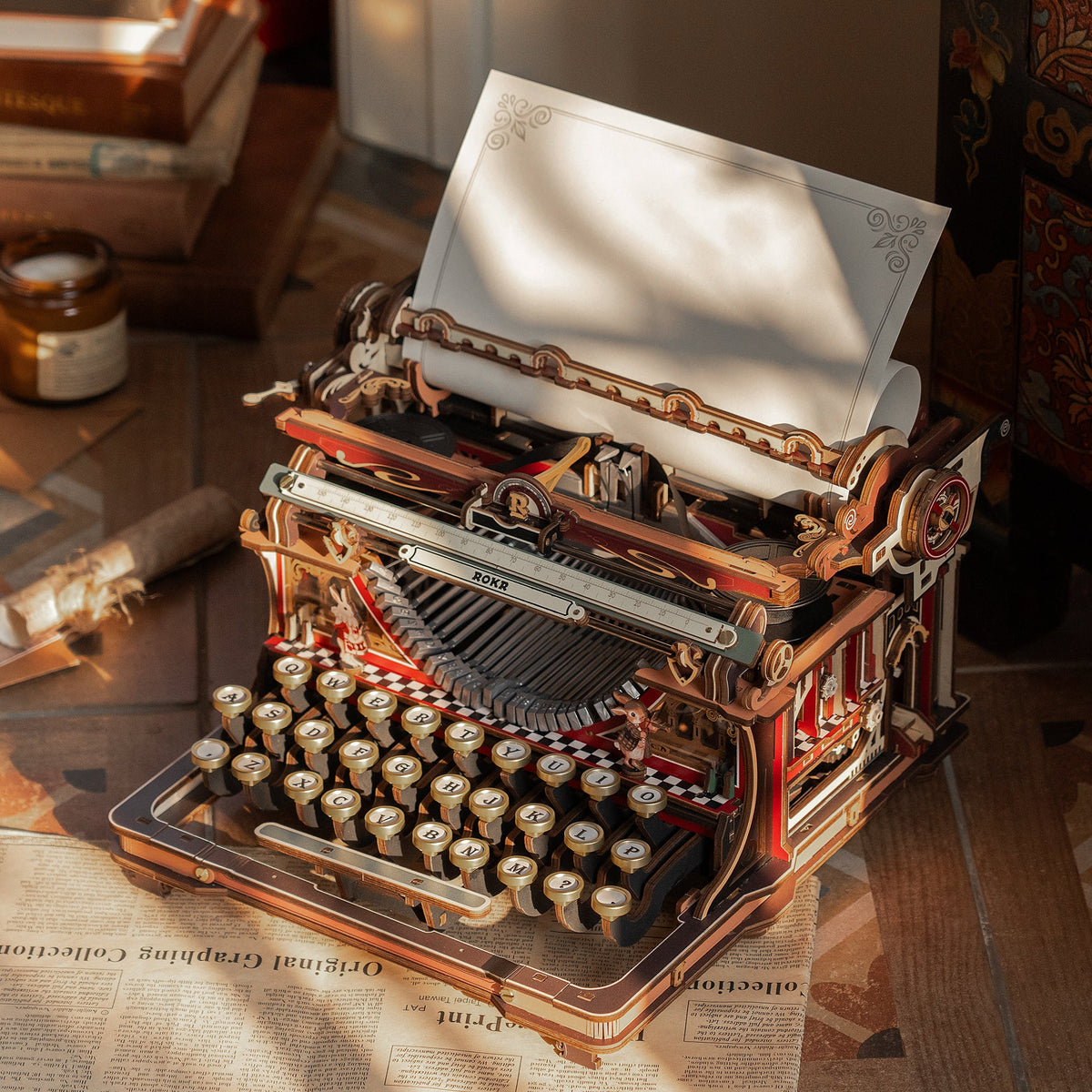 ROKR Mechanical Typewriter magic wooden model displayed on a desk with vintage styling and detailed keyboard