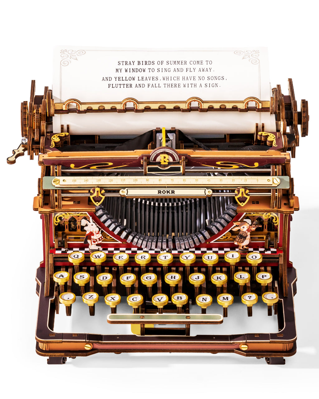 ROKR Mechanical Typewriter magic version with vintage keyboard, decorative details, paper roller and wooden mechanical construction