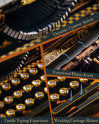 ROKR Mechanical Typewriter close-up showing dynamic typebar action, functional platen knob, tactile keys and working carriage return
