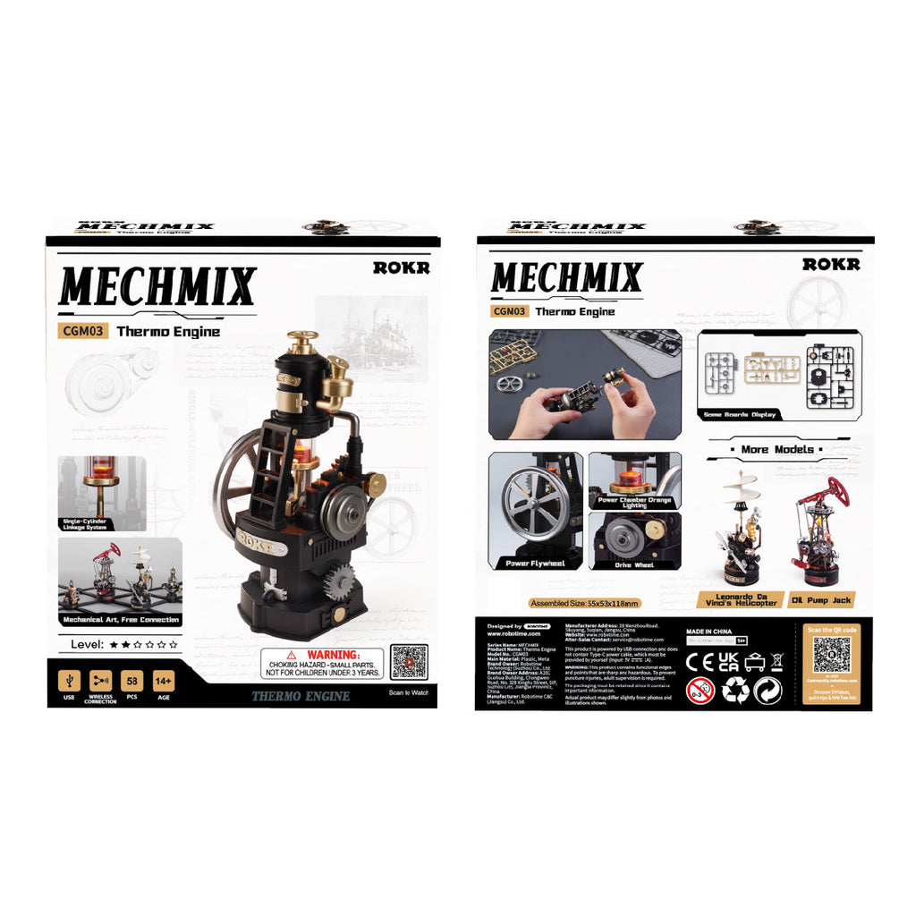 ROKR MECHMIX Thermo Engine CGM03 DIY mechanical model kit packaging showing the completed engine, 58-piece set and product specifications