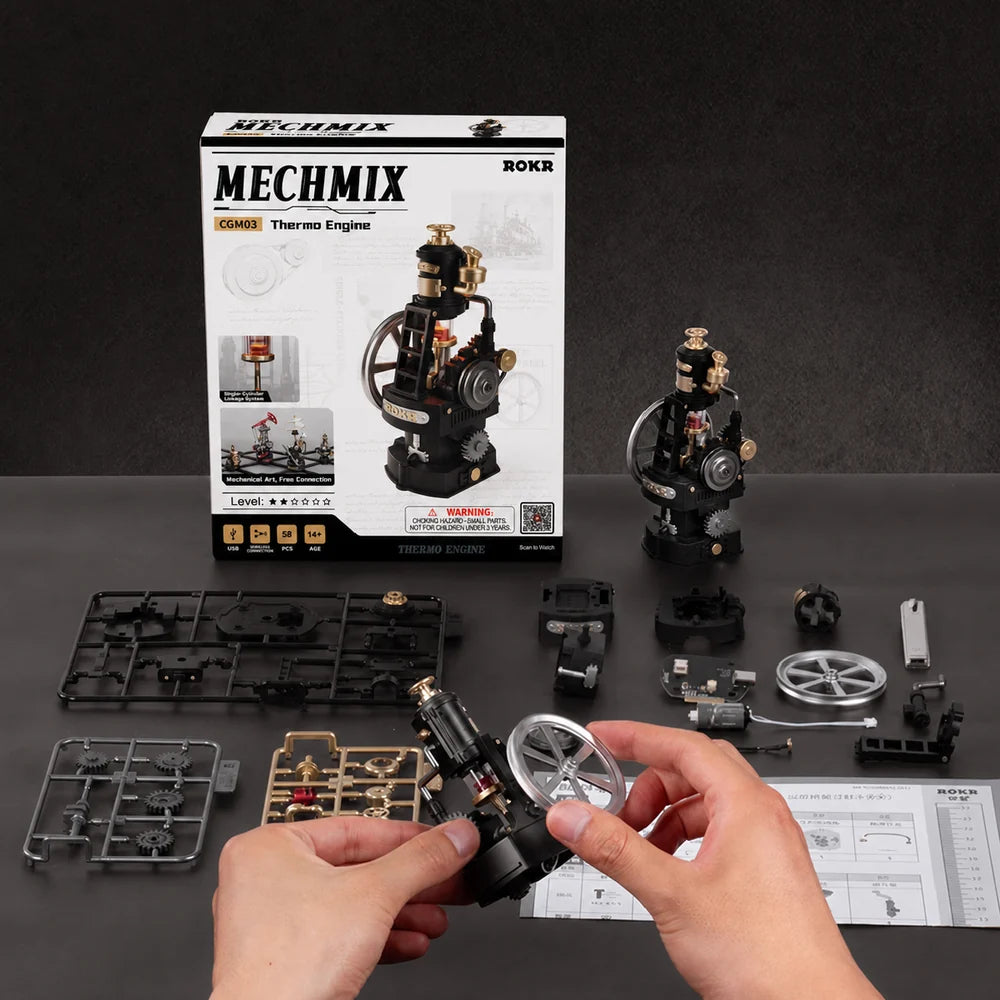 ROKR Thermo Engine CGM03 kit contents showing the finished engine model, component frames, flywheel, gears and assembly instructions