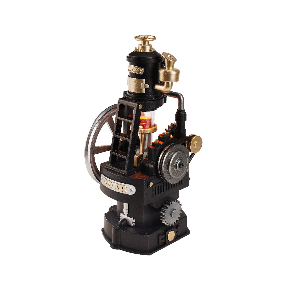 ROKR Thermo Engine CGM03 DIY mechanical model kit featuring a black and gold miniature engine with a large flywheel and glowing orange cylinder