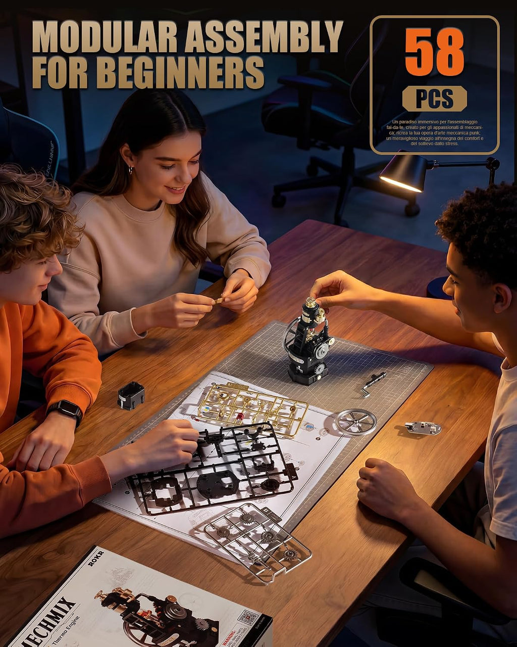 ROKR Thermo Engine 58-piece mechanical model kit being built together at a table with assembly instructions and model components